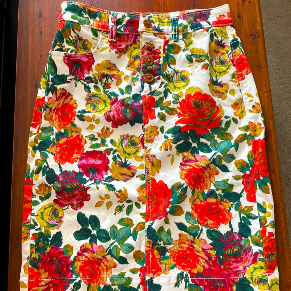 High waist, knee length, floral print denim skirt
